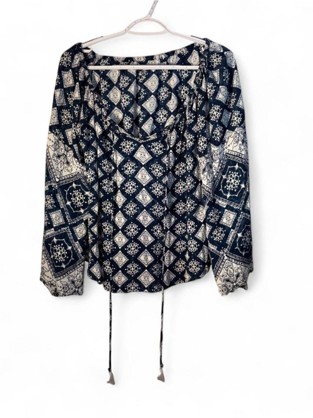 Faithfull the Brand Navy and white Geometric Peasant Blouse
